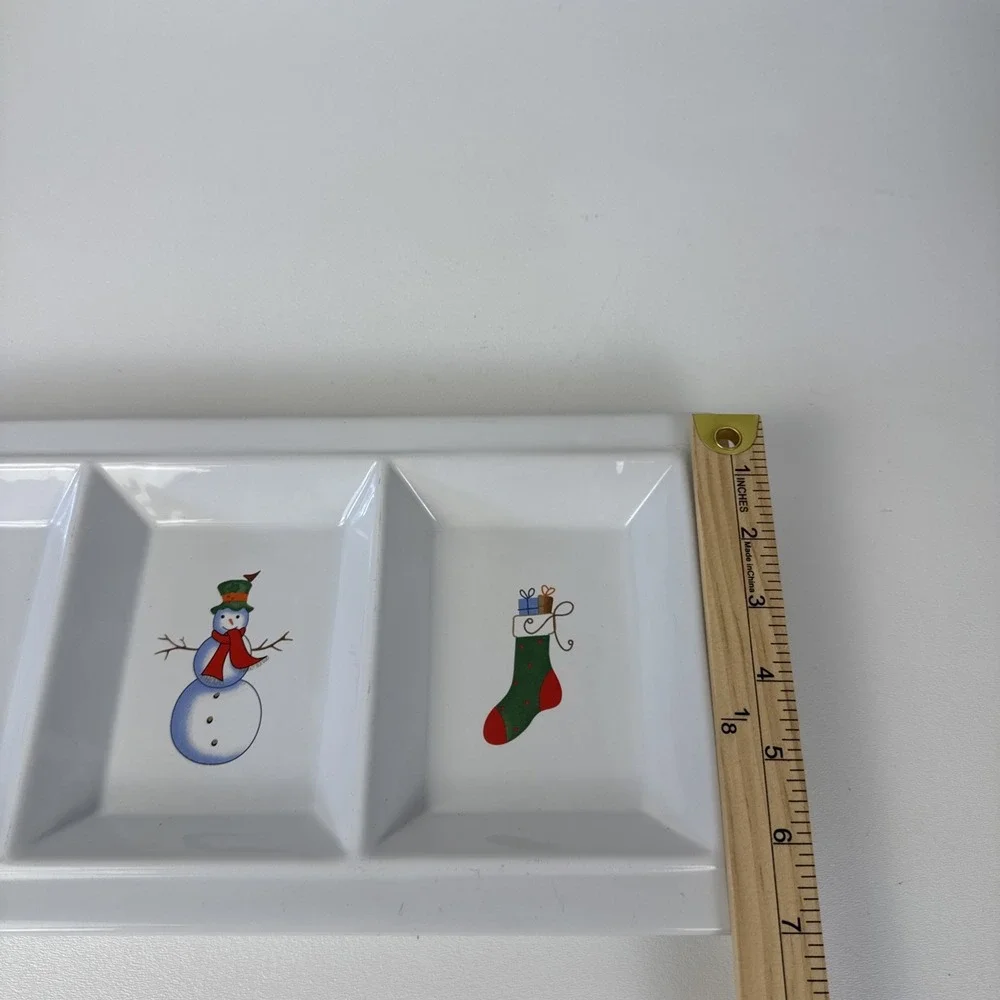 Holiday 3-Section Divided Serving Tray Platter‎ White Snowman Mittens Stocking